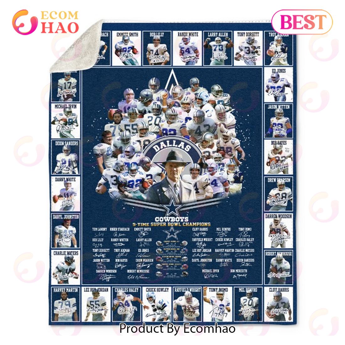 NFL Dallas Cowboys 5-Time Super Bowl Champions Quilt, Fleece Blanket, Sherpa Fleece Blanket