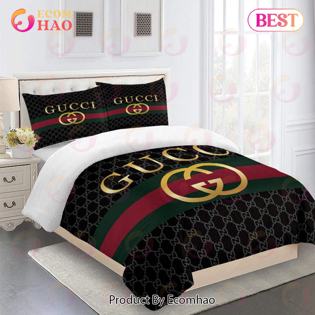 Gucci Bedding Set Black Red Gold Luxury Duvet Cover Bedding Sets - Ecomhao  Store