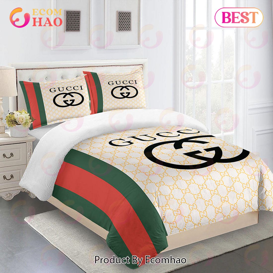 Gucci Bedding Set Green Red Beig Luxury Duvet Cover Bedding Sets - Ecomhao  Store