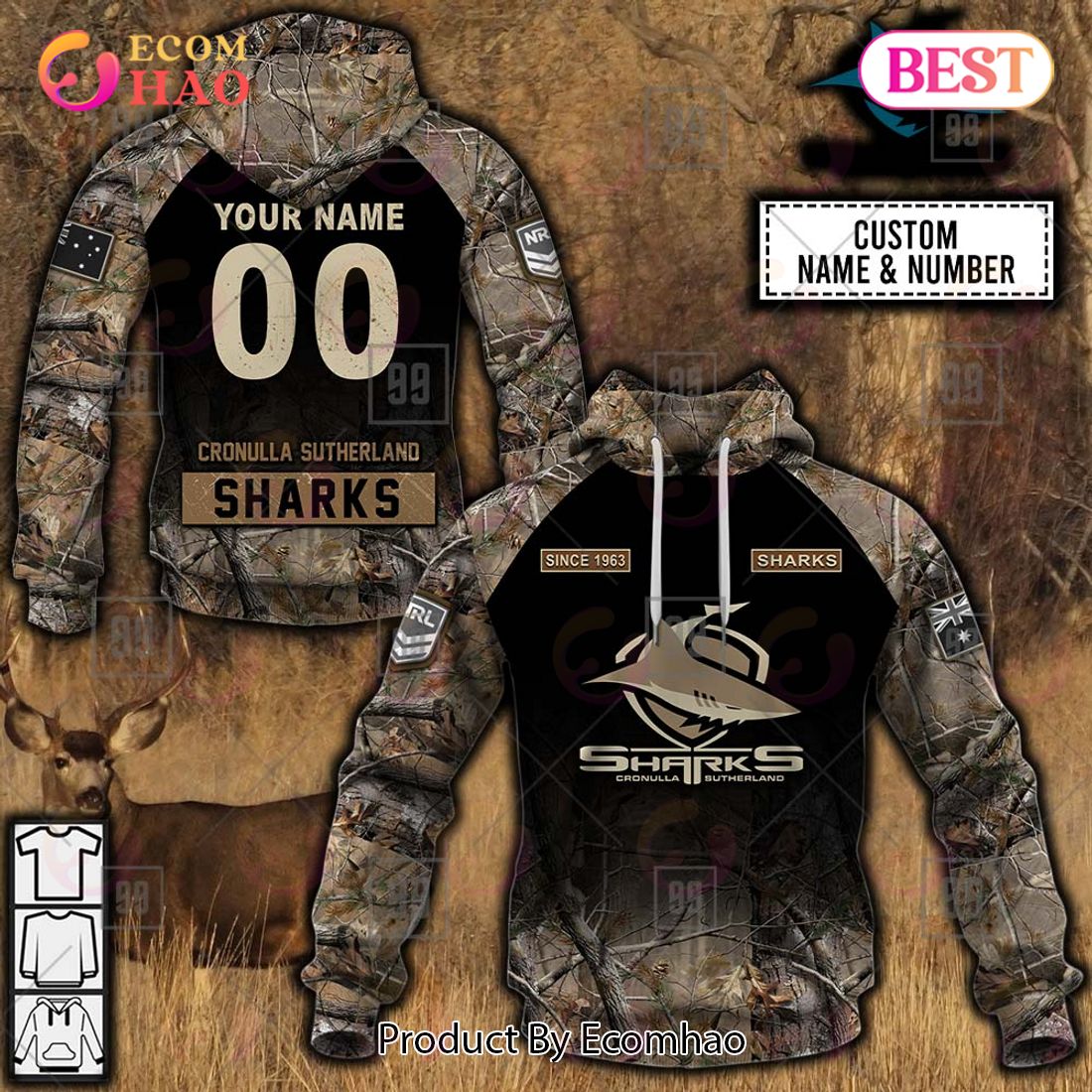 Personalized NRL Cronulla Sutherland Sharks Camouflage 3D Hoodie