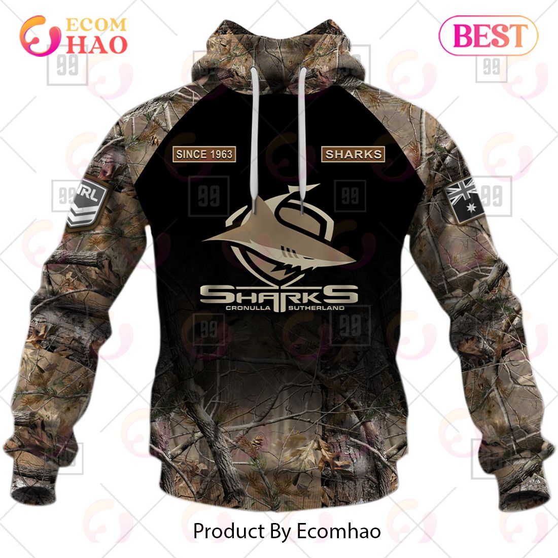 Personalized NRL Cronulla Sutherland Sharks Camouflage 3D Hoodie