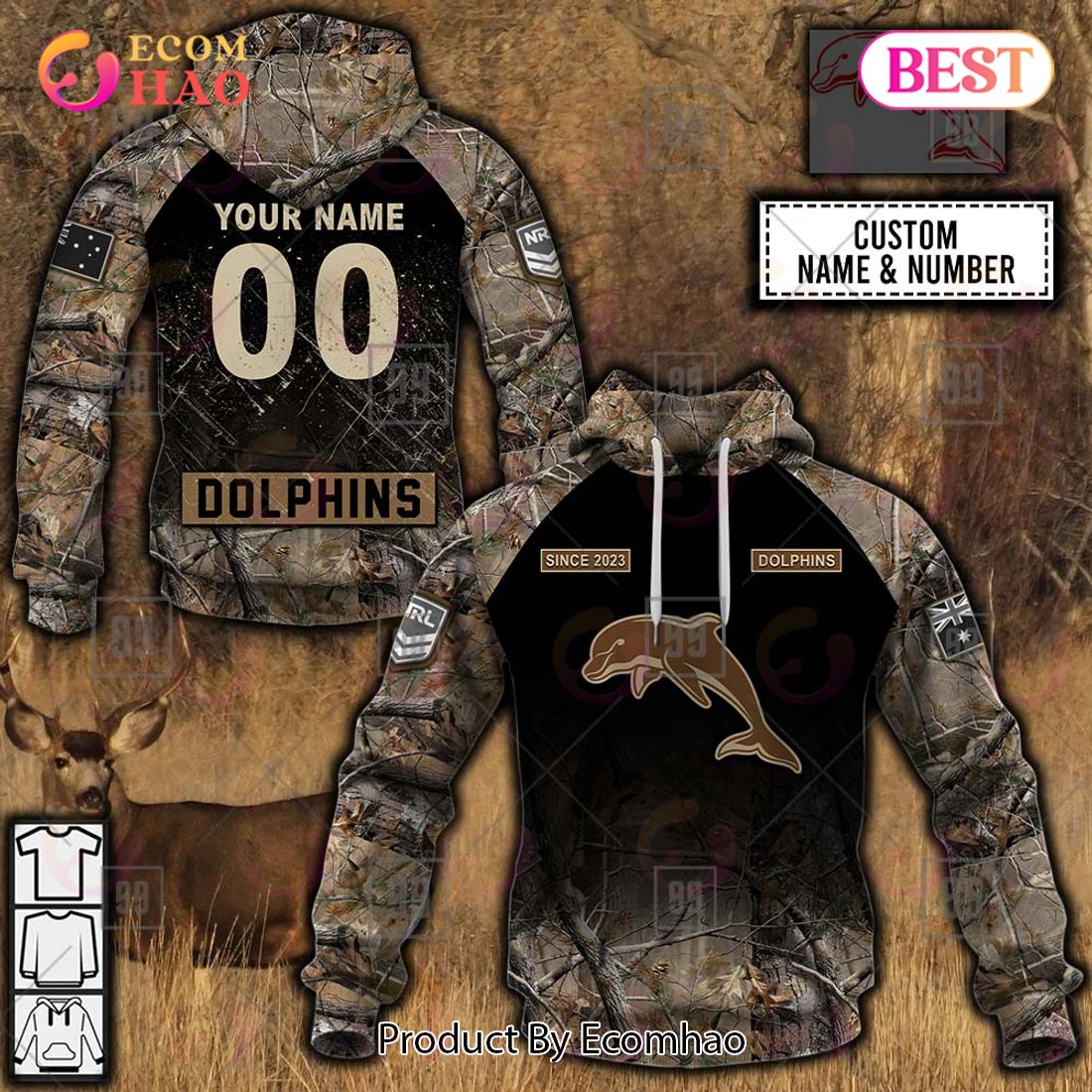 Personalized NRL Dolphins Camouflage 3D Hoodie