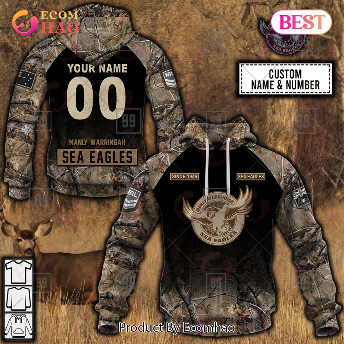 Personalized NRL Manly Warringah Sea Eagles Camouflage 3D Hoodie