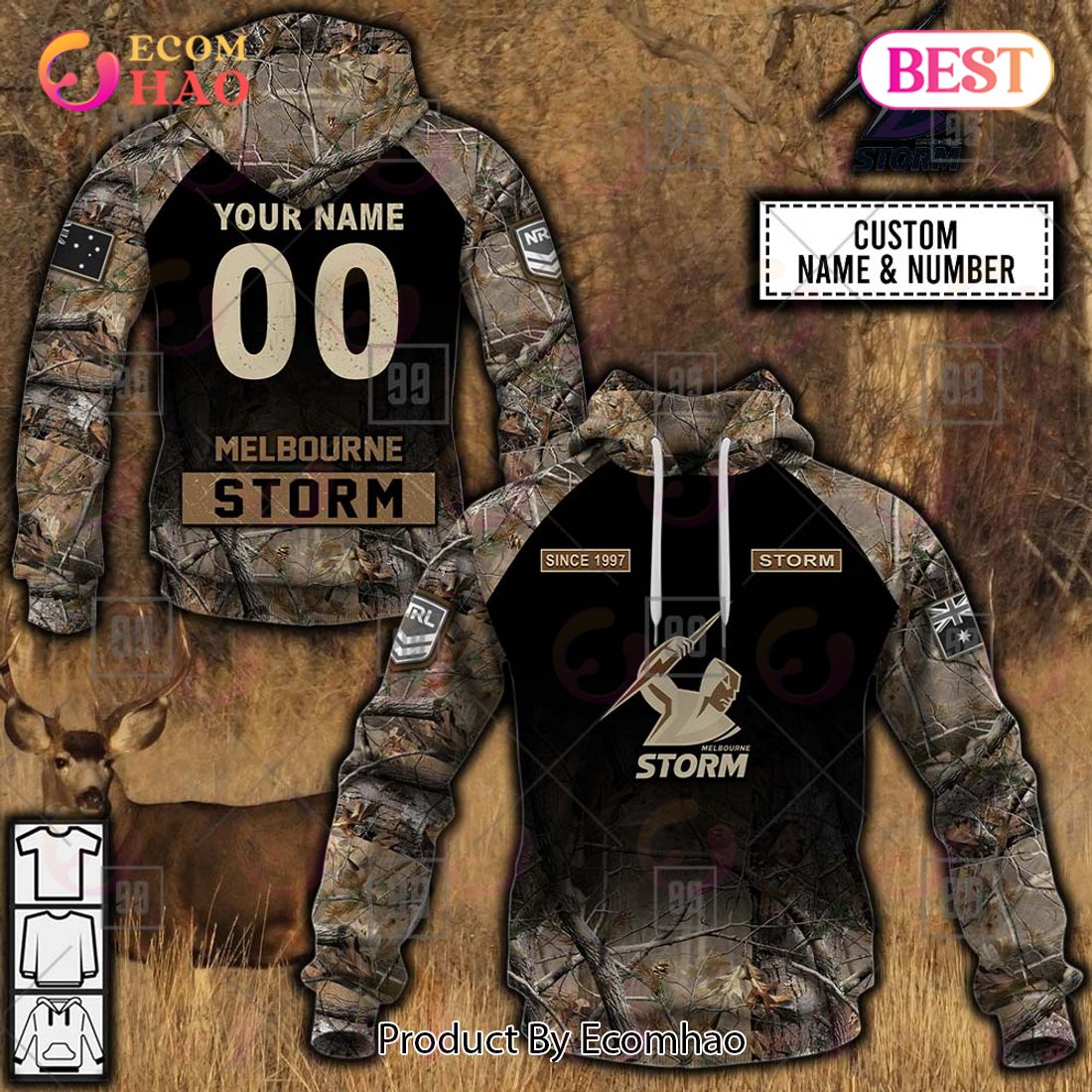 Personalized NRL Melbourne Storm Camouflage 3D Hoodie