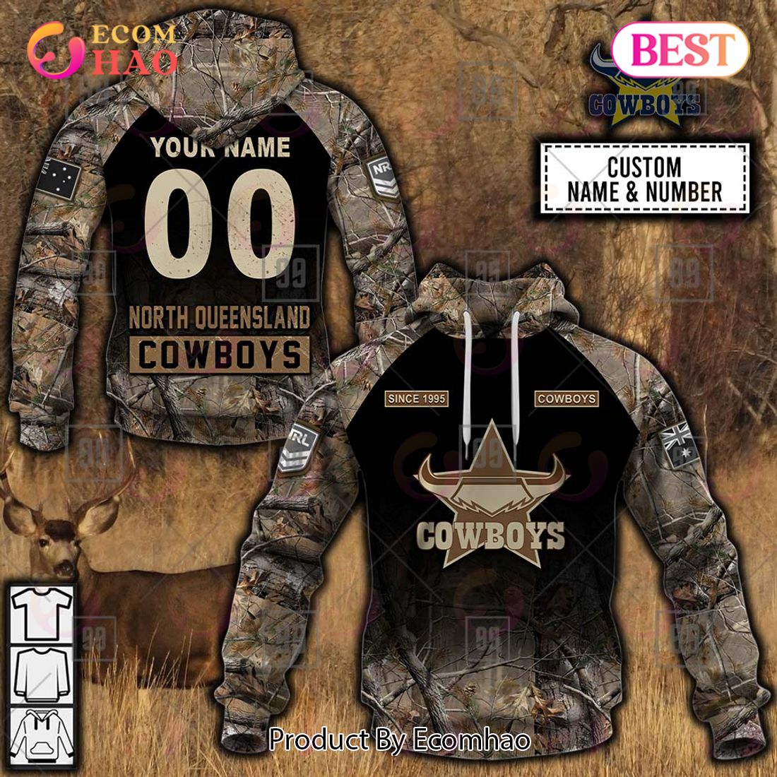 Personalized NRL North Queensland Cowboys Camouflage 3D Hoodie