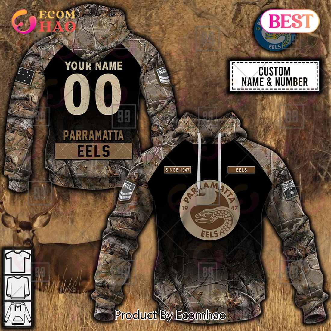 Personalized NRL Parramatta Eels Camouflage 3D Hoodie