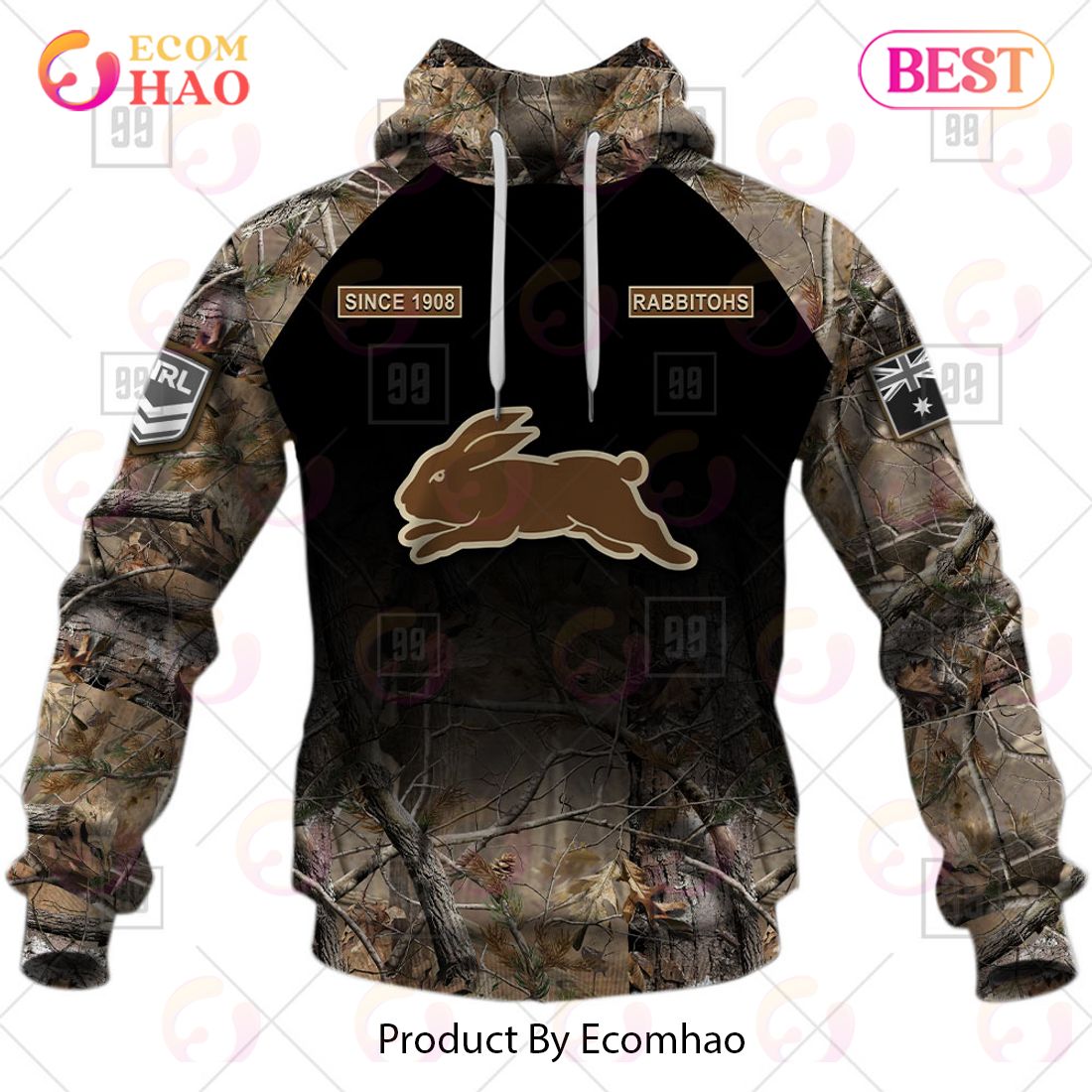 Personalized NRL South Sydney Rabbitohs Camouflage 3D Hoodie