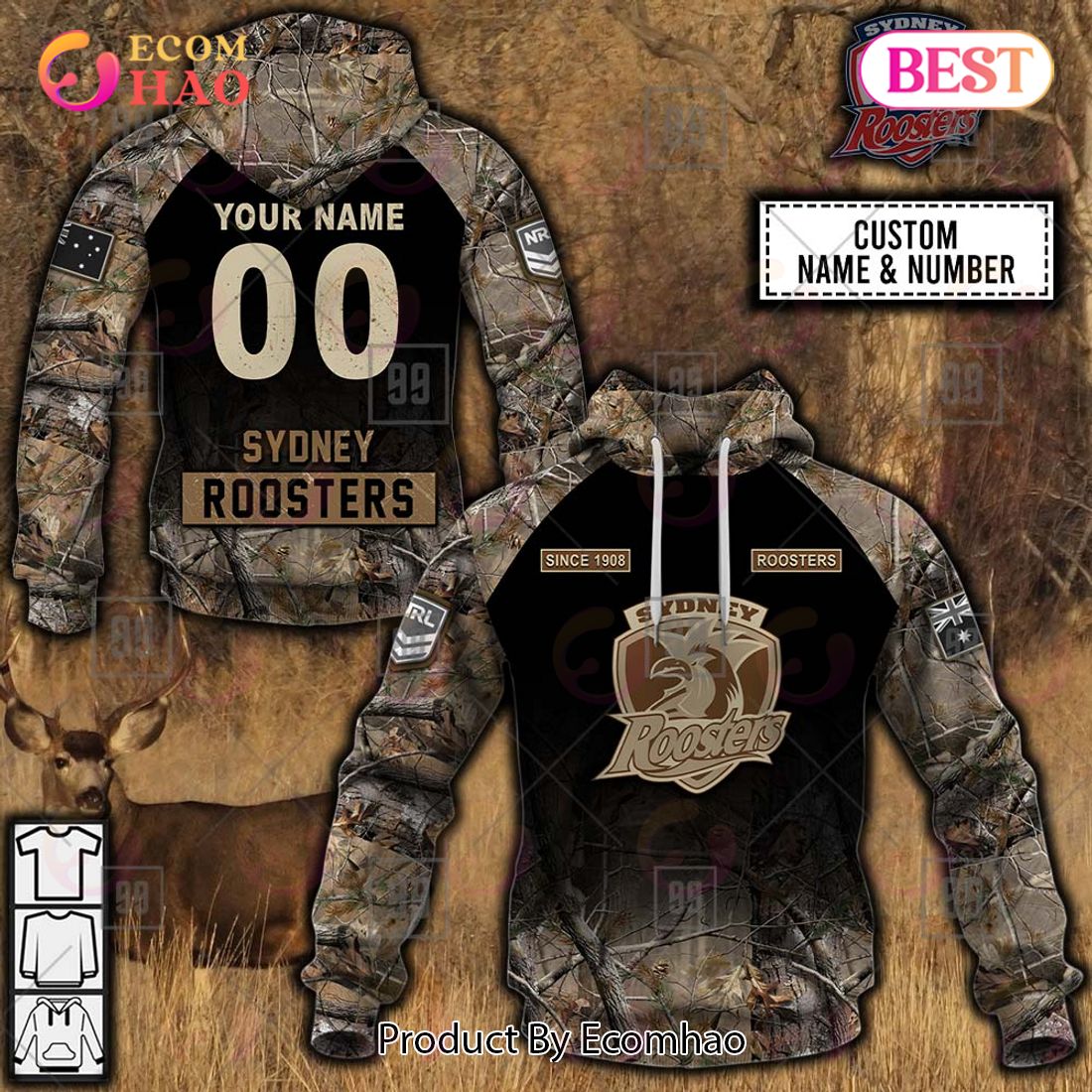 Personalized NRL Sydney Roosters Camouflage 3D Hoodie