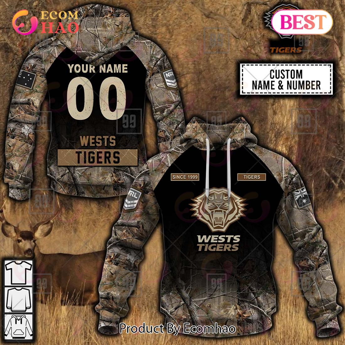 Personalized NRL Wests Tigers Camouflage 3D Hoodie