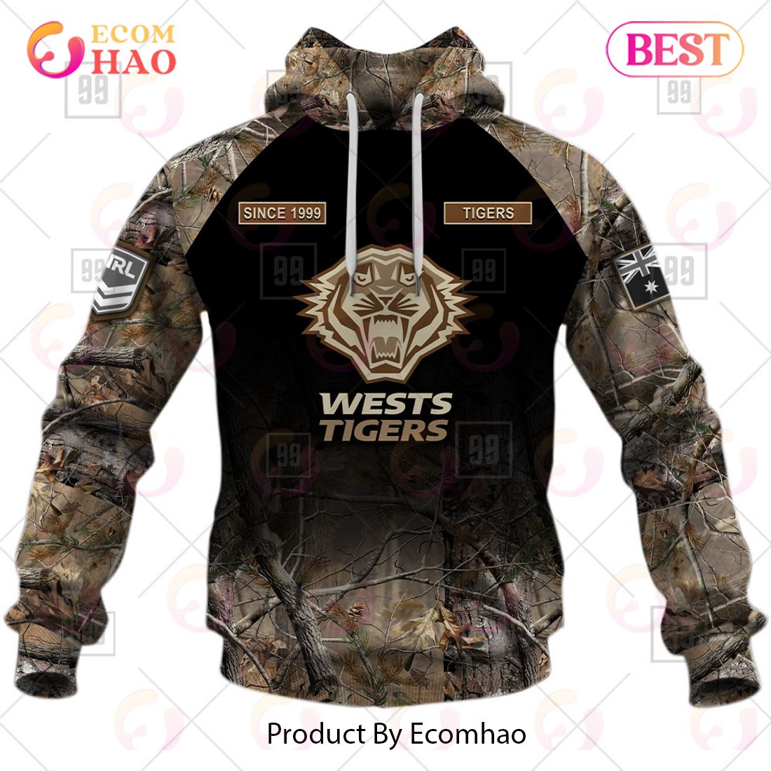 Personalized NRL Wests Tigers Camouflage 3D Hoodie