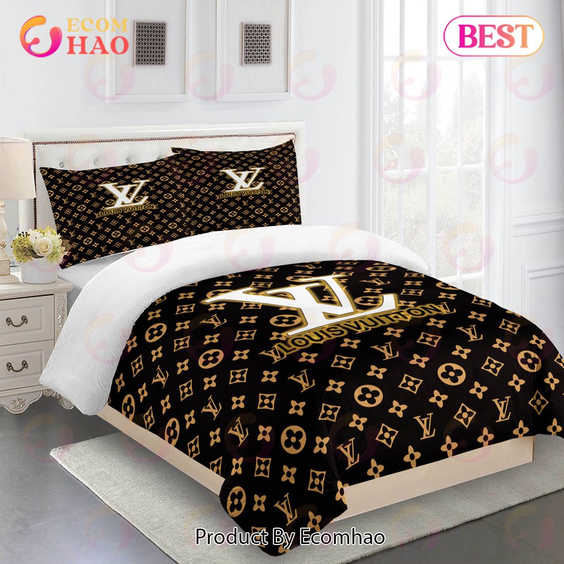 Louis Vuitton Comforter Set Golden Logo White Duvet Cover Bedding Sets