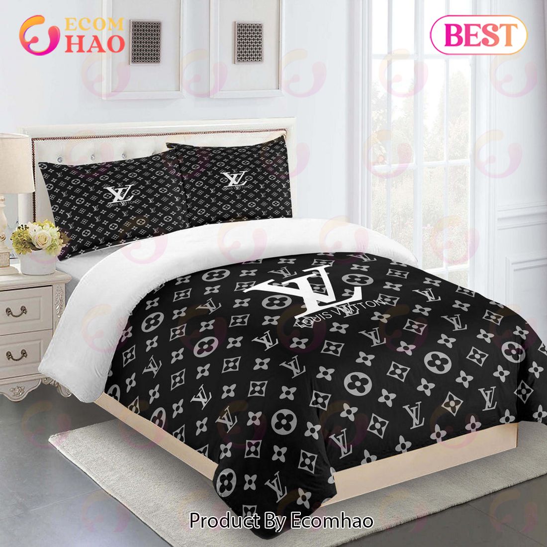 Louis Vuitton Comforter Set Gray Black With Logo White Duvet Cover Bedding Sets