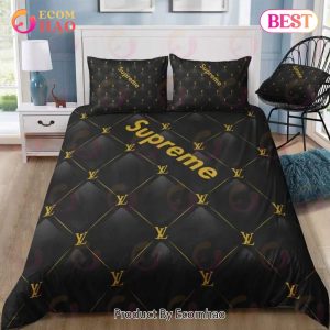 Black Louis Vuitton Supreme Logo Luxury Brand High End Premium Bedding Set For Bedroom Luxury Bedspread Duvet Cover Set With Pillowcases Home Decoration