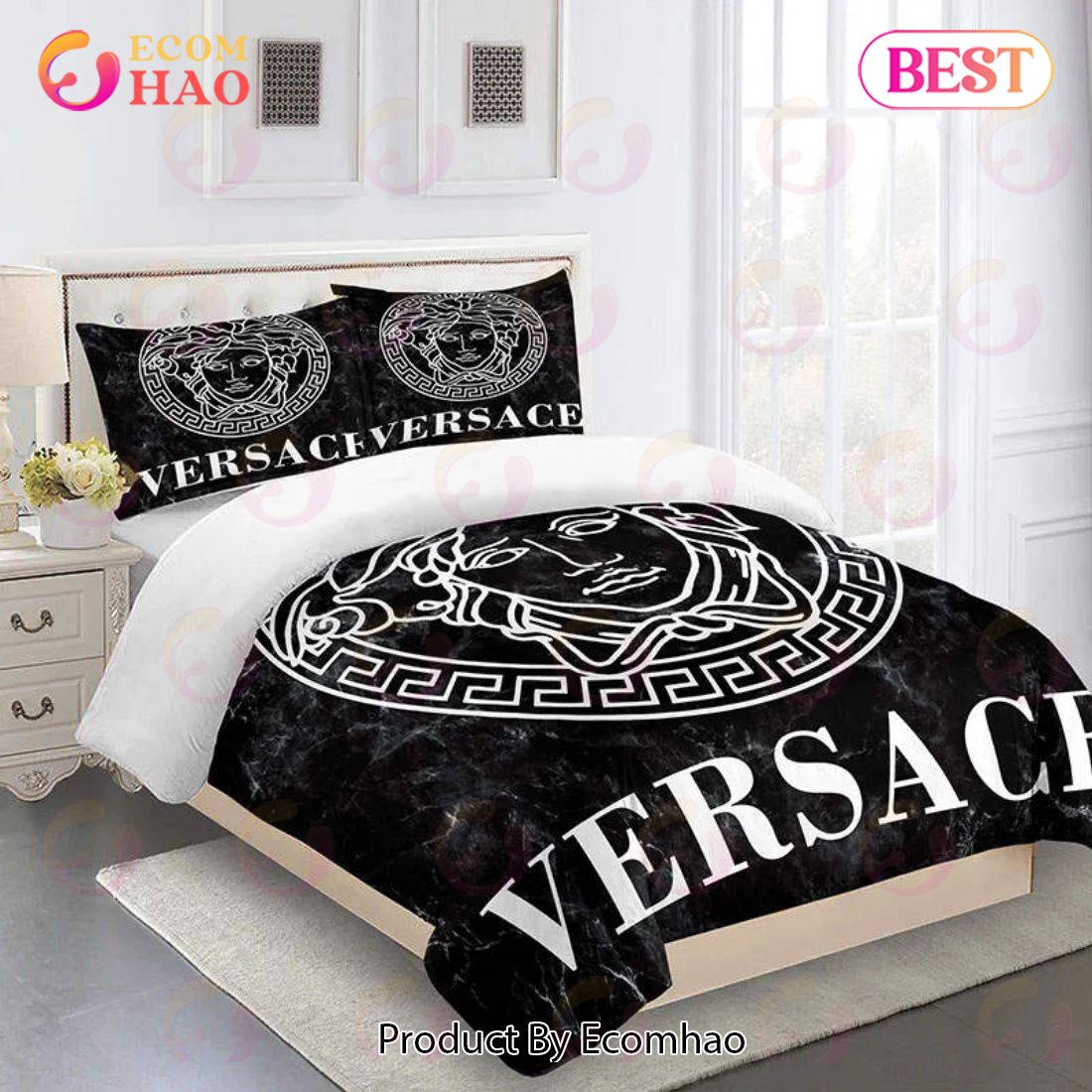 Black Medusa Versace Logo Luxury Brand High End Premium Bedding Set For Bedroom Luxury Bedspread Duvet Cover Set With Pillowcases Home Decoration
