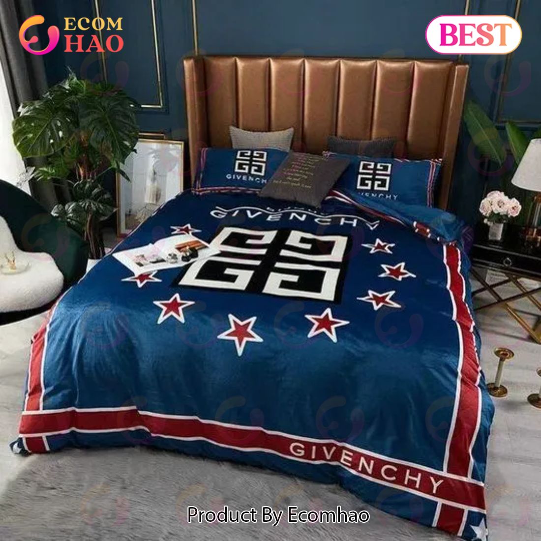 Blue Givenchy Logo Luxury Brand High End Premium Bedding Set For Bedroom Luxury Bedspread Duvet Cover Set With Pillowcases Home Decoration