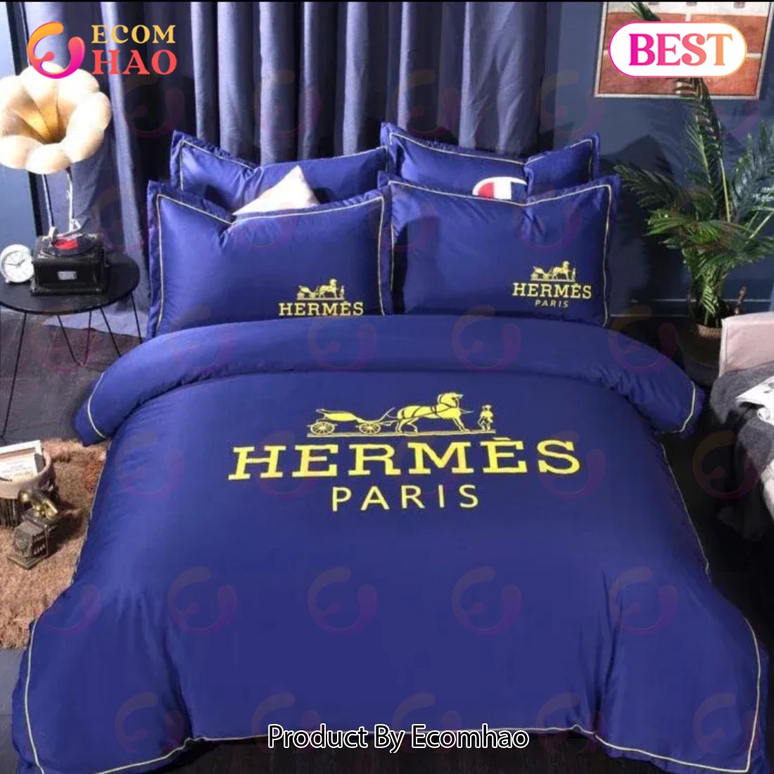 Blue Hermes Logo Luxury Brand High End Premium Bedding Set For Bedroom Luxury Bedspread Duvet Cover Set With Pillowcases Home Decoration