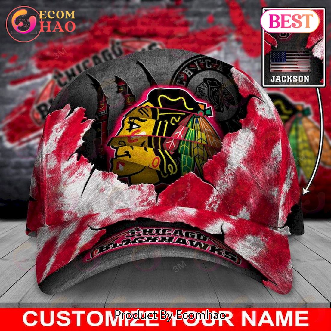 Custom Name NHL Chicago Blackhawks Skull Cap