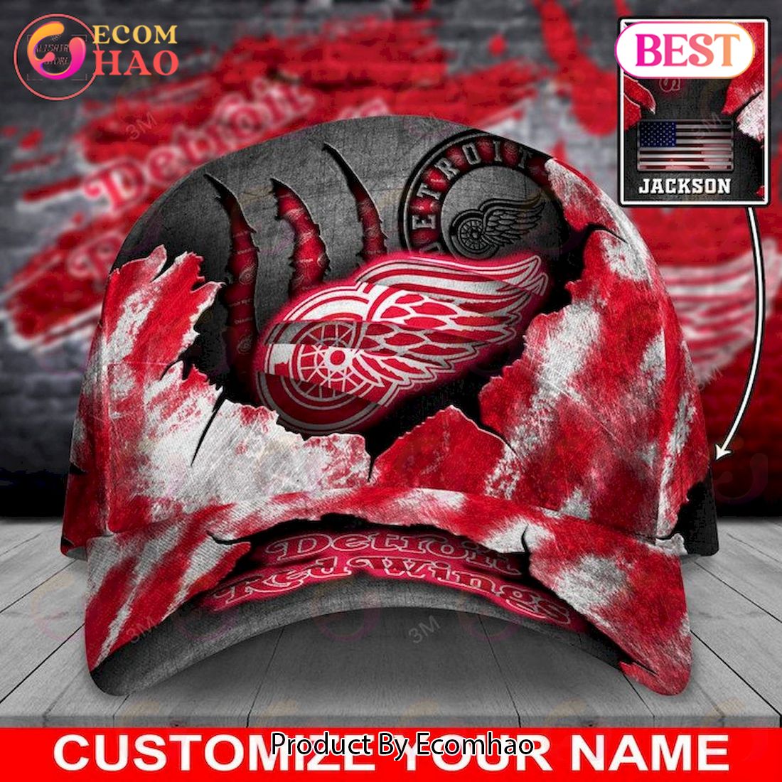 Custom Name NHL Detroit Red Wings Skull Cap