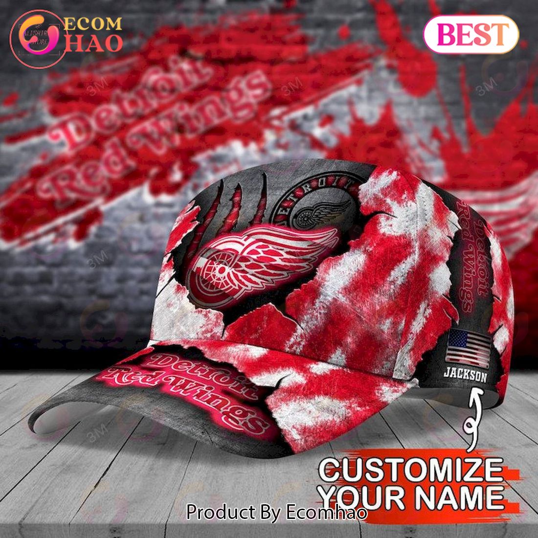 Custom Name NHL Detroit Red Wings Skull Cap