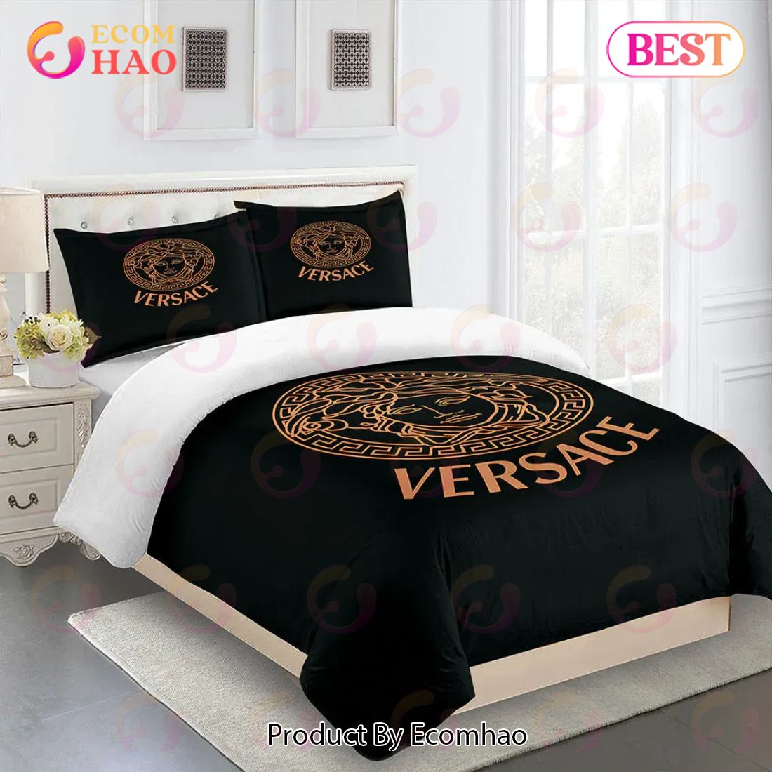 Bronze Versace Logo Luxury Brand High End Premium Bedding Set For Bedroom Luxury Bedspread Duvet Cover Set With Pillowcases Home Decoration