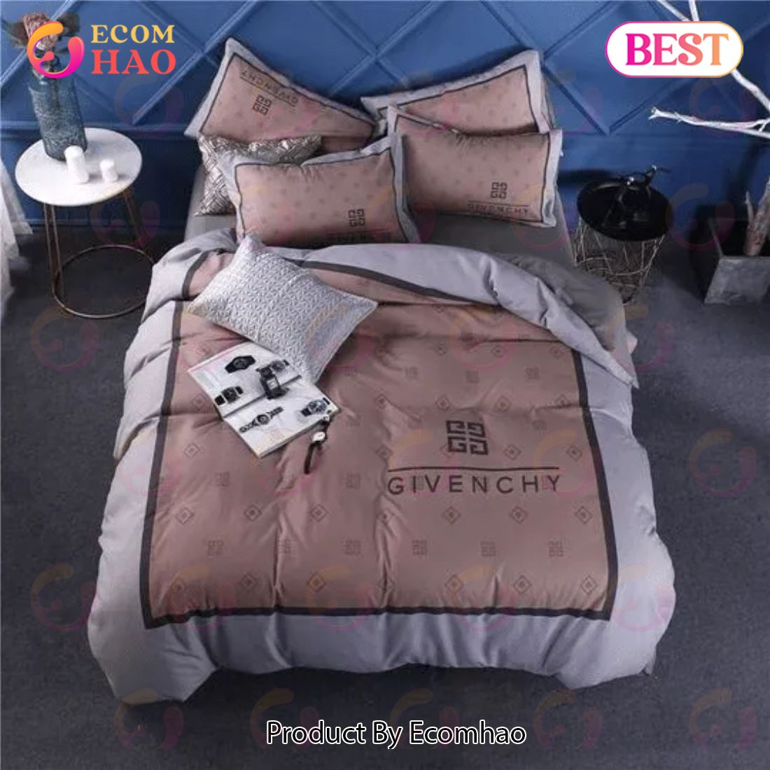 Brown Grey Givenchy Logo Luxury Brand High End Premium Bedding Set For Bedroom Luxury Bedspread Duvet Cover Set With Pillowcases Home Decoration