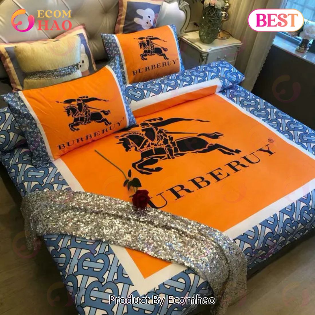 Burberry Orange Logo Bedding Sets Quilt Sets Duvet Cover Luxury Brand Bedding Decor Bedroom Sets Best Luxury Bed Sets Gift Thankgivings And Christmas
