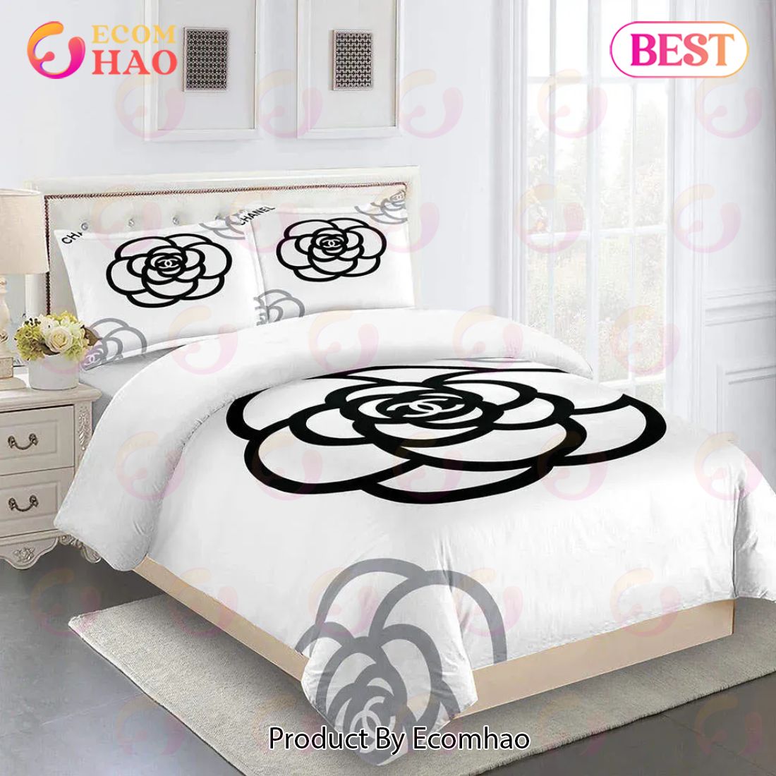 Chanel Big Flowers Luxury Brand Premium Bedding Set For Bedroom Luxury Bedspread Duvet Cover Set With Pillowcases Home Decoration