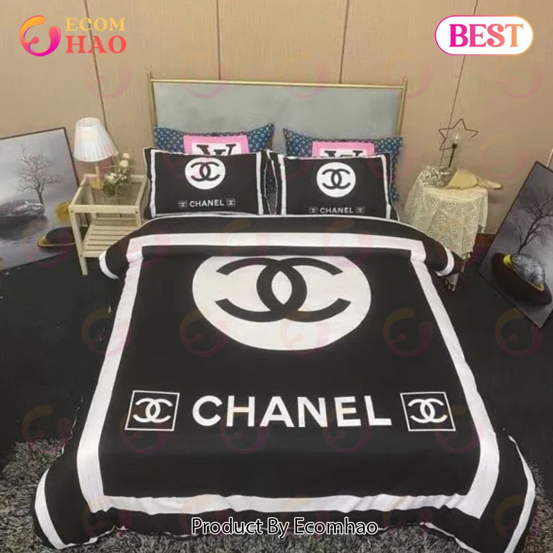 Chanel Black And White Printed Bedding Sets Quilt Sets Duvet Cover Luxury Brand Bedding Decor Bedroom Sets Best Luxury Bed Sets Gift Thankgivings And Christmas