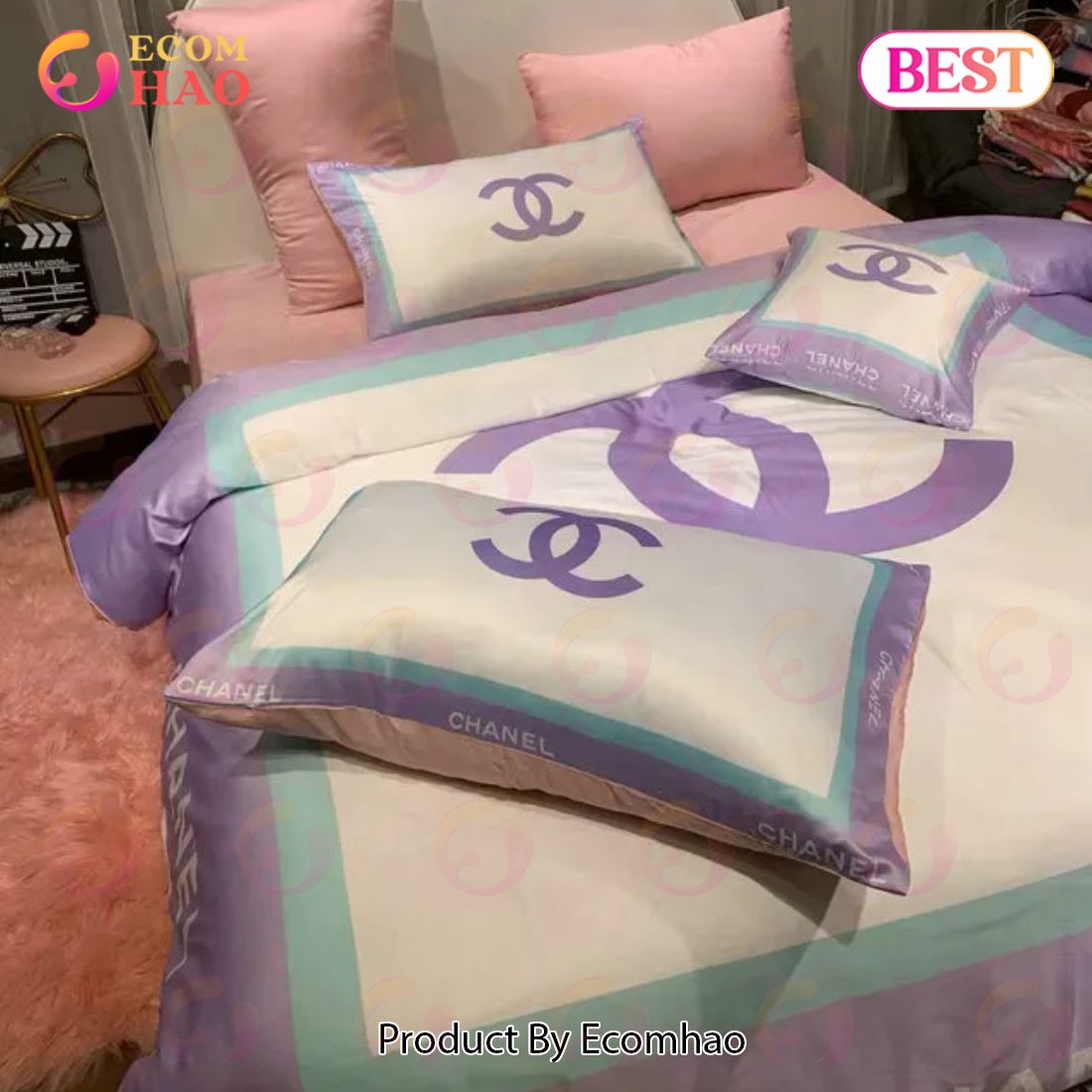 Chanel Logo Violet Printed Bedding Sets Quilt Sets Duvet Cover Luxury Brand Bedding Decor Bedroom Sets Best Luxury Bed Sets Gift Thankgivings And Christmas