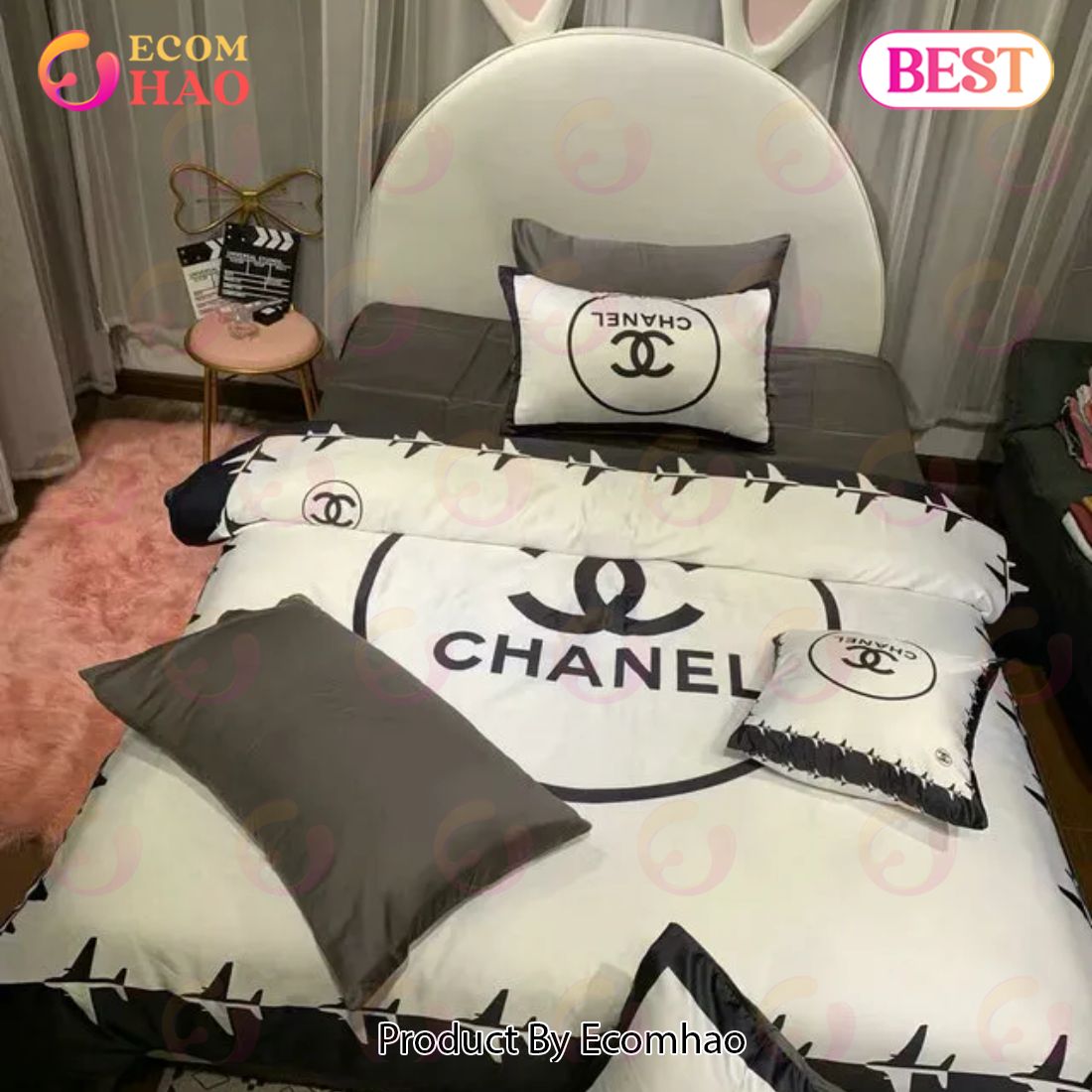 Chanel Logo White Printed Bedding Sets Quilt Sets Duvet Cover Luxury Brand Bedding Decor Bedroom Sets Best Luxury Bed Sets Gift Thankgivings And Christmas