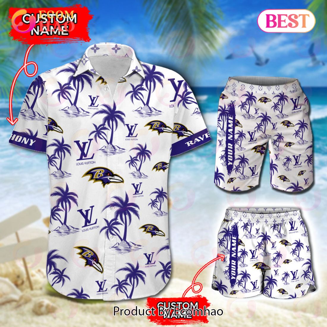 NFL Baltimore Ravens Louis Vuitton Logo Pattern Hawaiian Shirt & Shorts Luxury Items