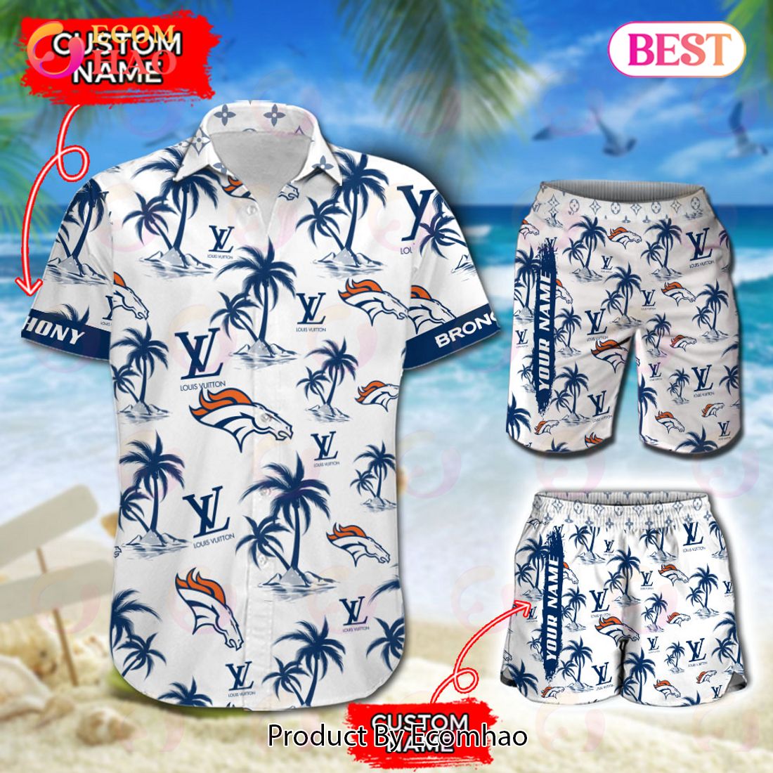 NFL Denver Broncos Louis Vuitton Logo Pattern Hawaiian Shirt & Shorts Luxury Items