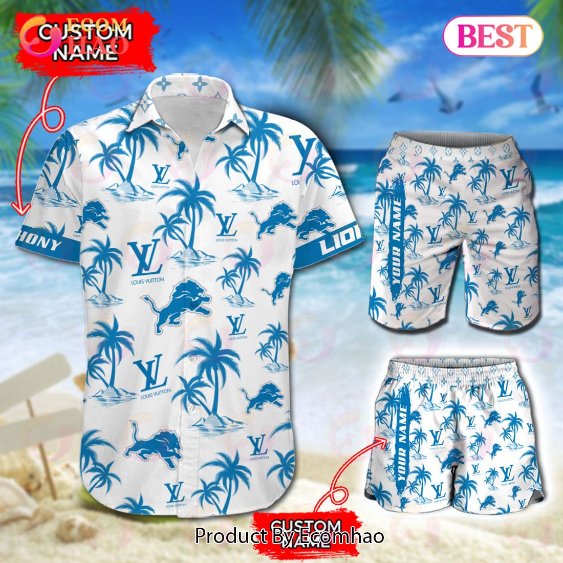 NFL Detroit Lions Louis Vuitton Logo Pattern Hawaiian Shirt & Shorts Luxury Items