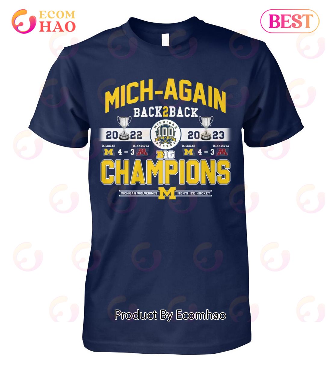 Mich Again Back 2 Back 2022 – 2023 Champions Michigan Wolverines Men’s Ice Hockey T-Shirt