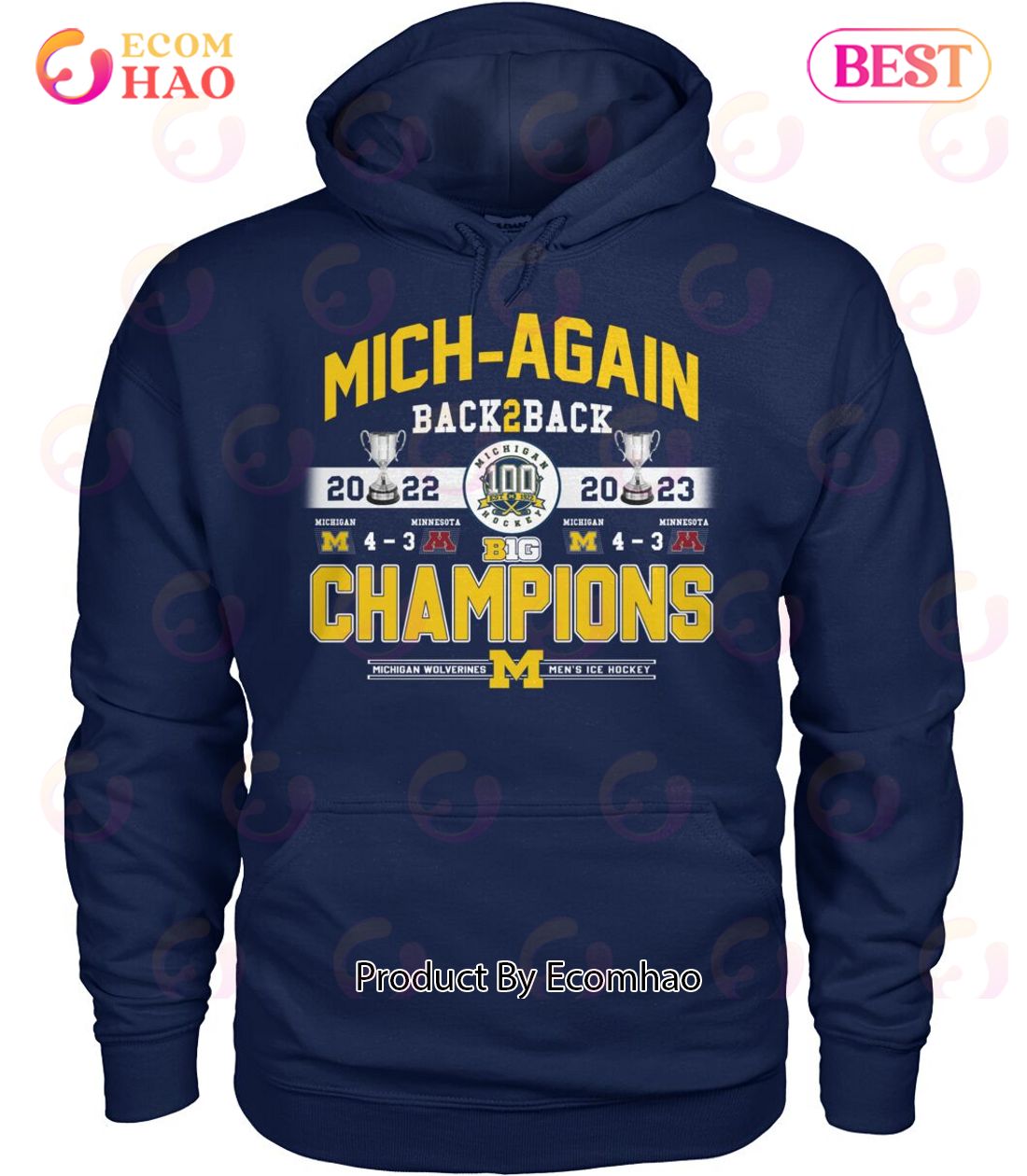 Mich Again Back 2 Back 2022 – 2023 Champions Michigan Wolverines Men’s Ice Hockey T-Shirt