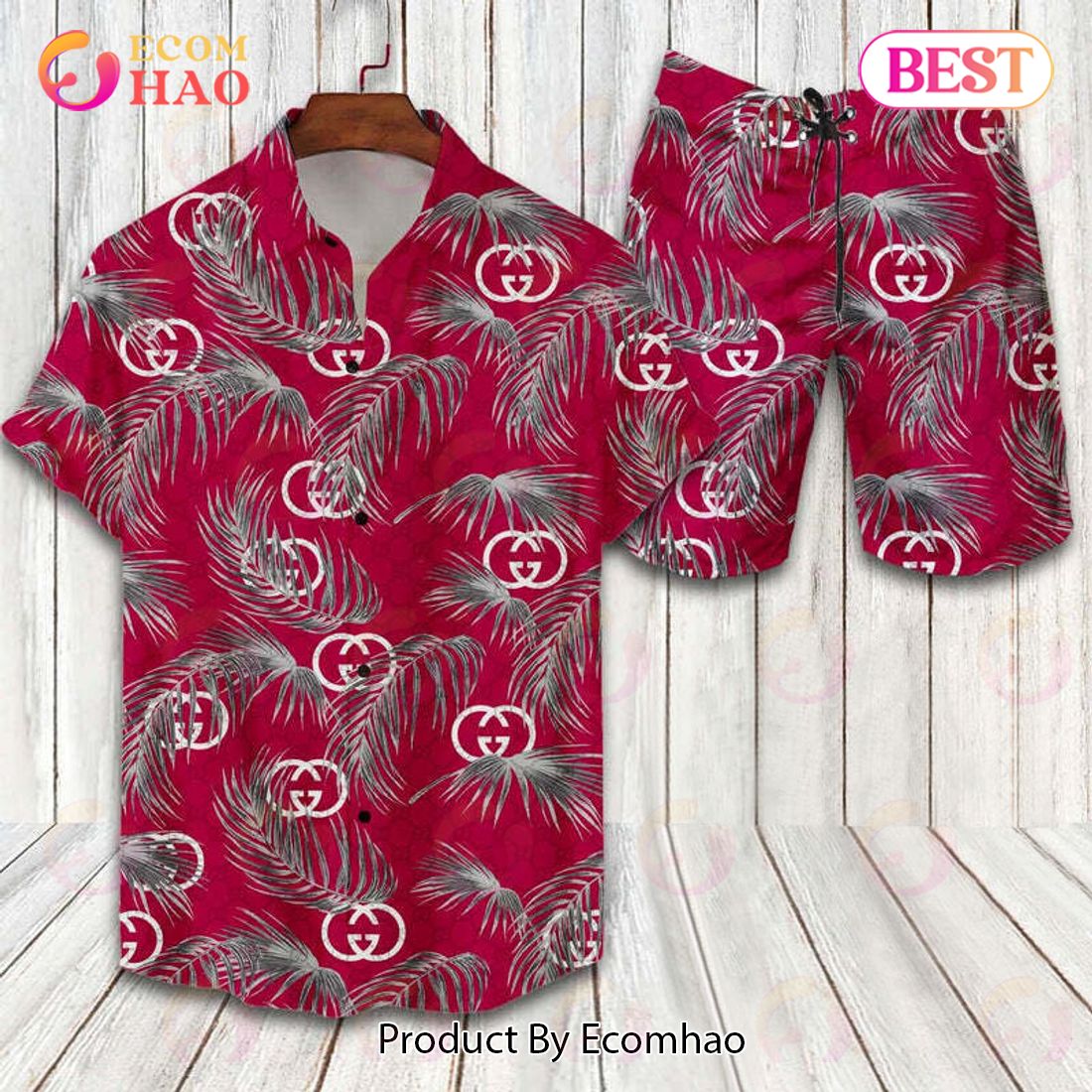 Gucci Leaves Mix Pink Color GC Hawaiian Shirt And Shorts - Ecomhao Store