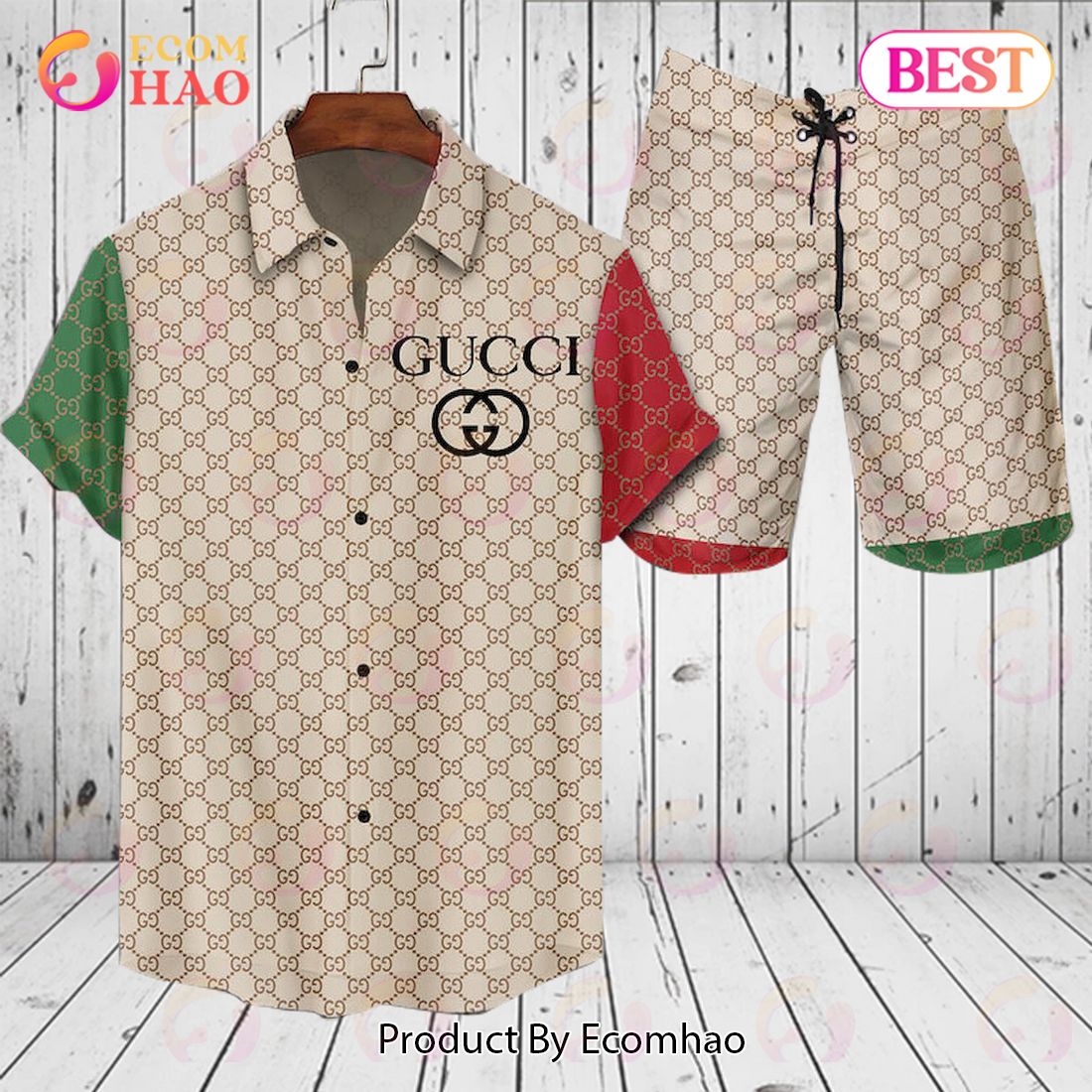 Gucci Logo Pattern Beige Color Hawaiian Shirt And Shorts - Ecomhao Store