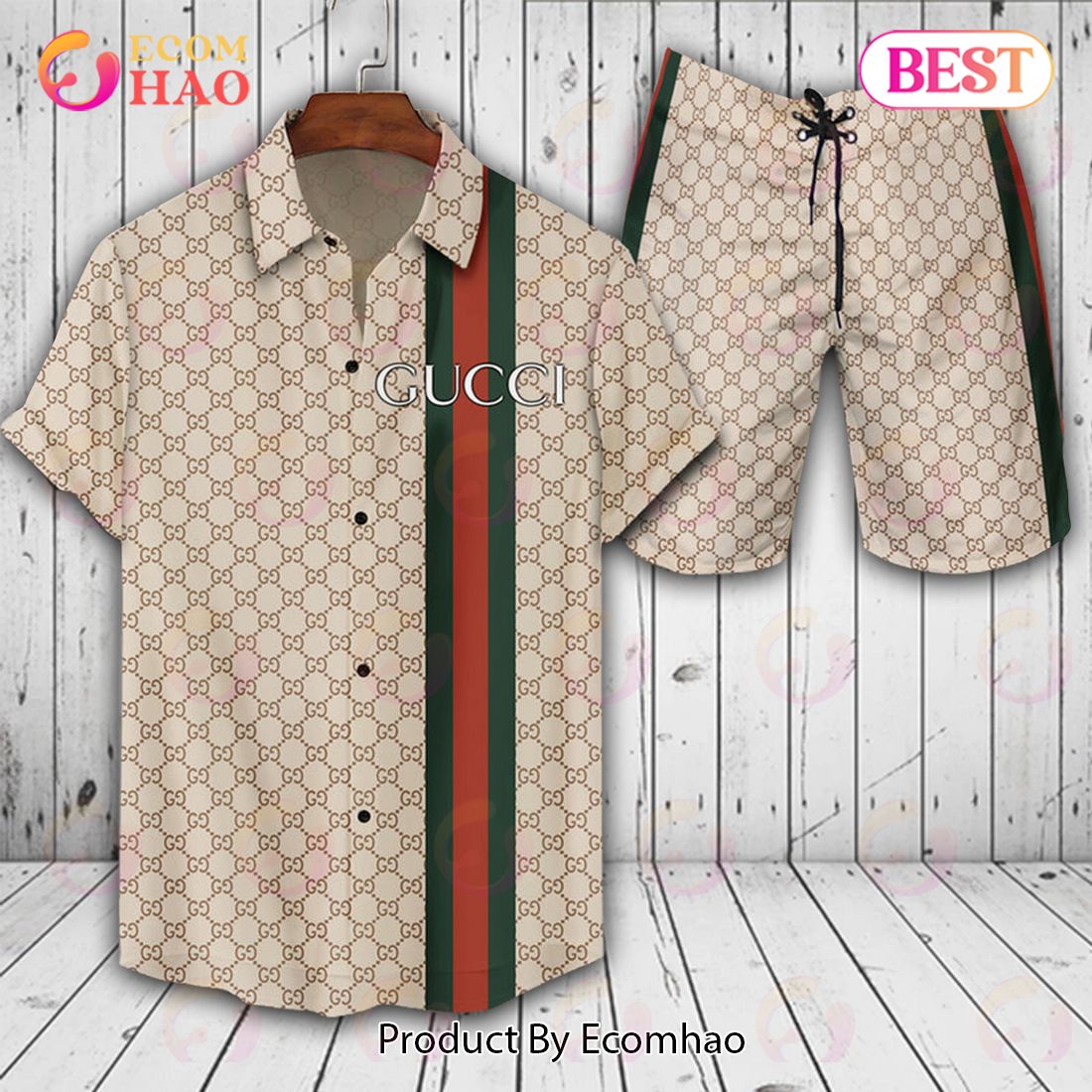 Gucci Logo Pattern Beige Hot Trend Color Summer Hawaiian Shirt And Shorts -  Ecomhao Store