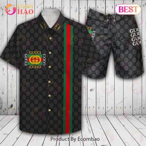 Gucci Logo Pattern Black Color GC Hawaiian Shirt And Shorts