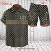 Gucci Logo Pattern Blue Brown GC Hawaiian Shirt And Shorts Gucci Logo Pattern Blue Brown GC Hawaiian Shirt And Shorts