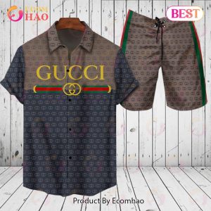 Gucci Logo Pattern Blue Brown GC Hawaiian Shirt And Shorts