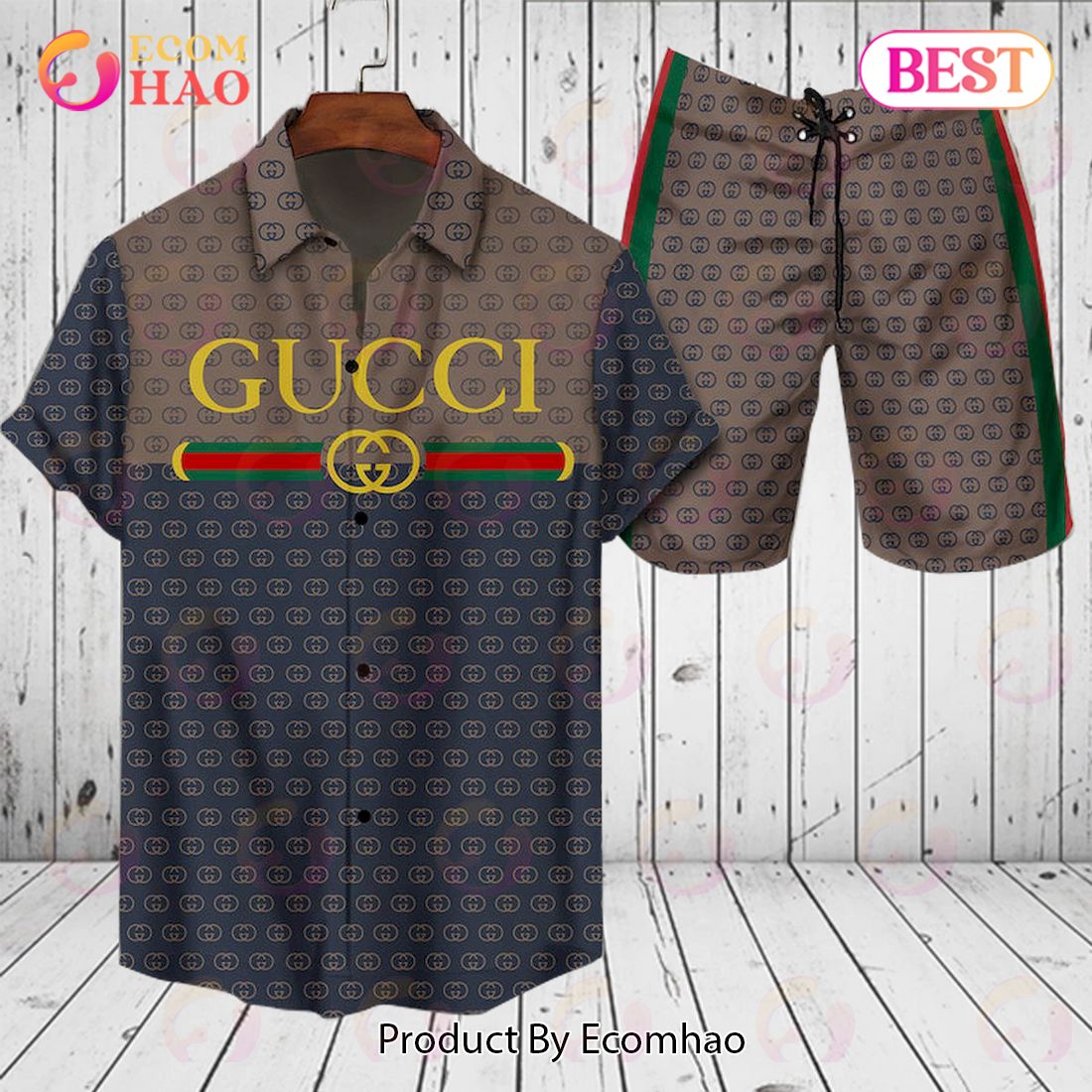 Gucci Logo Pattern Blue Brown GC Hawaiian Shirt And Shorts Luxury Items