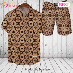 Gucci Logo Pattern Brown GC Hawaiian Shirt And Shorts