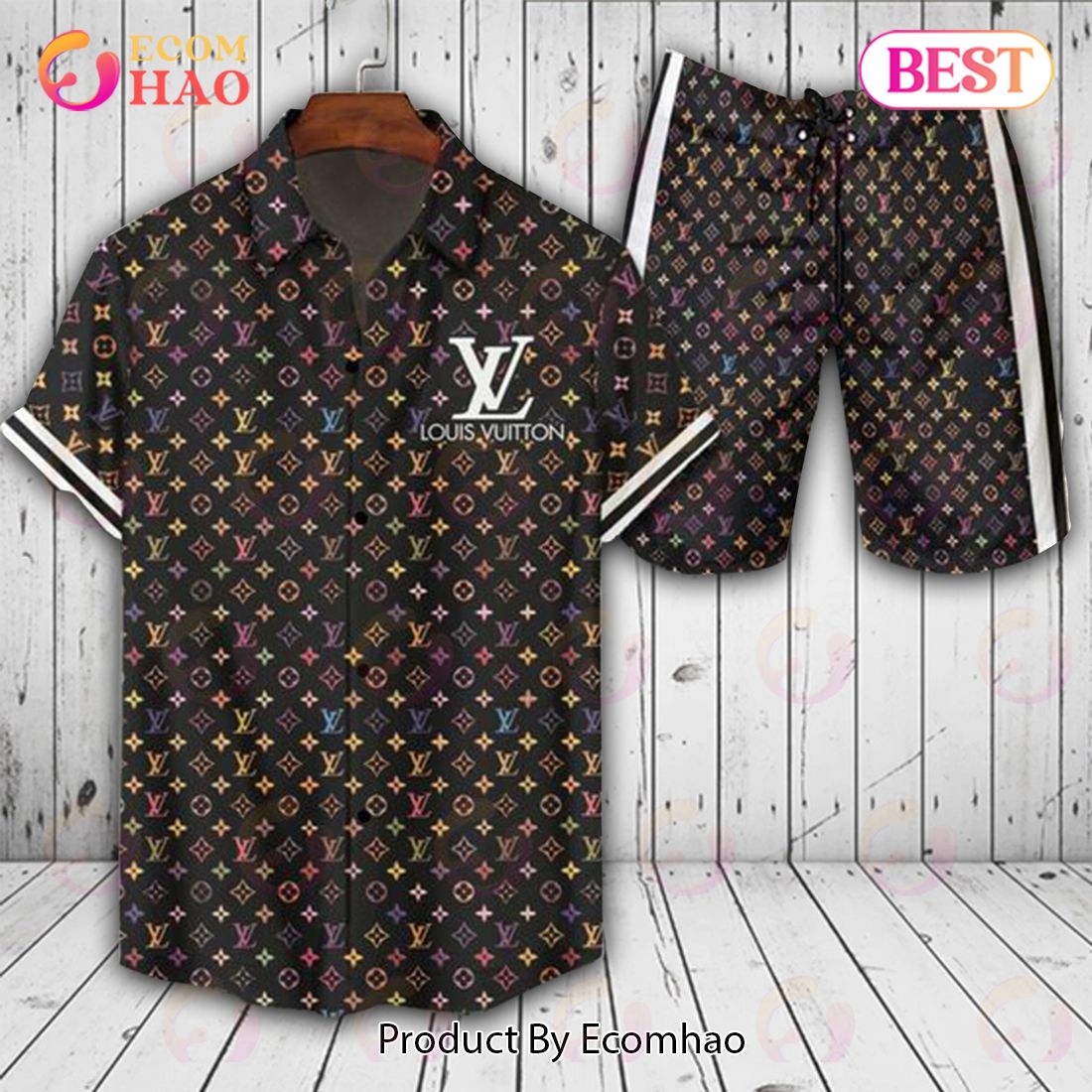 Louis Vuitton Full Logo Pattern Black Mix Color LV Hawaiian Shirt And Shorts Luxury Items