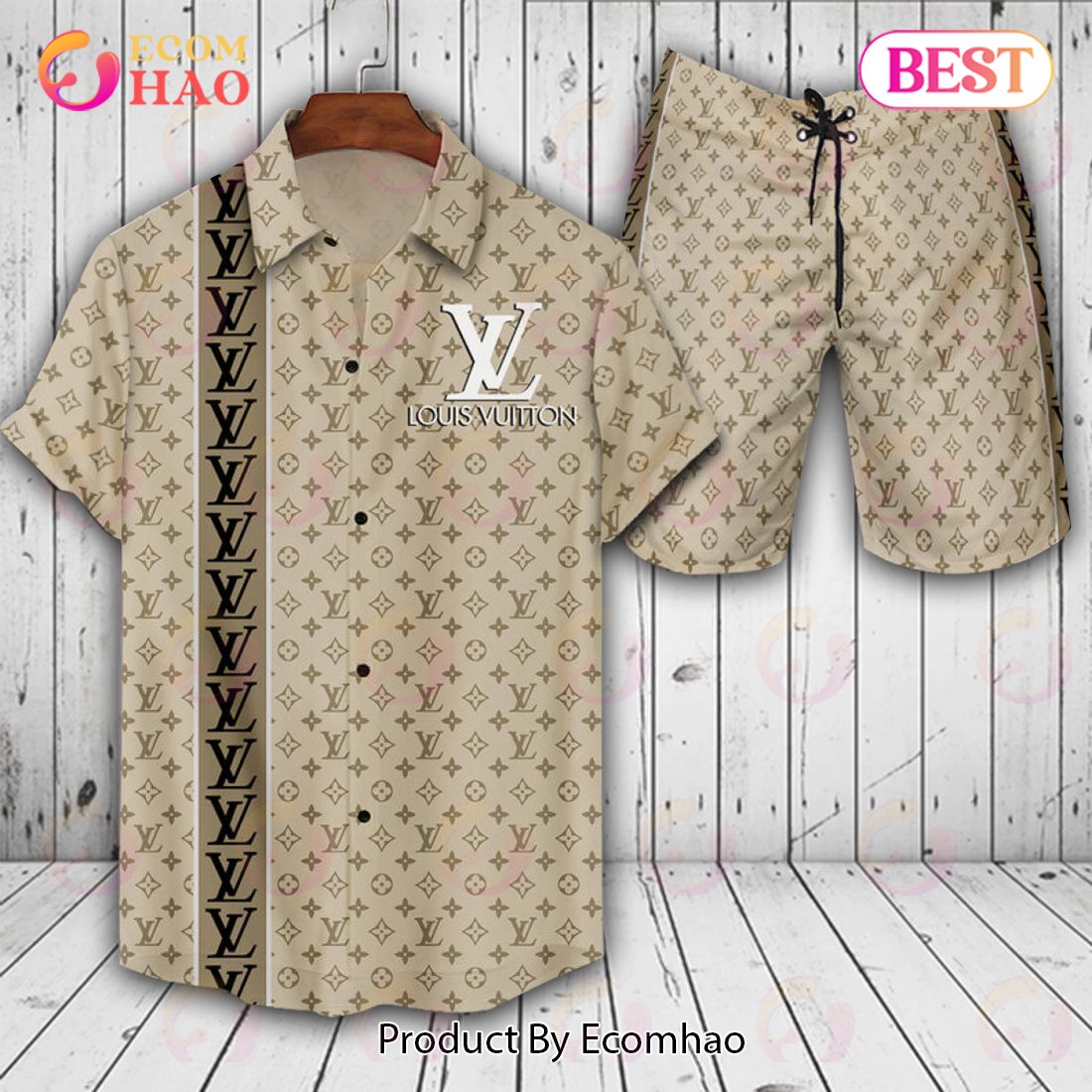 Louis Vuitton Logo Pattern Beige Color LV Hawaiian Shirt And