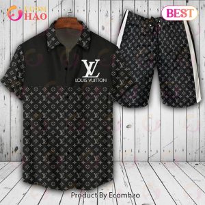 Louis Vuitton Logo Pattern Black LV Hawaiian Shirt And Shorts