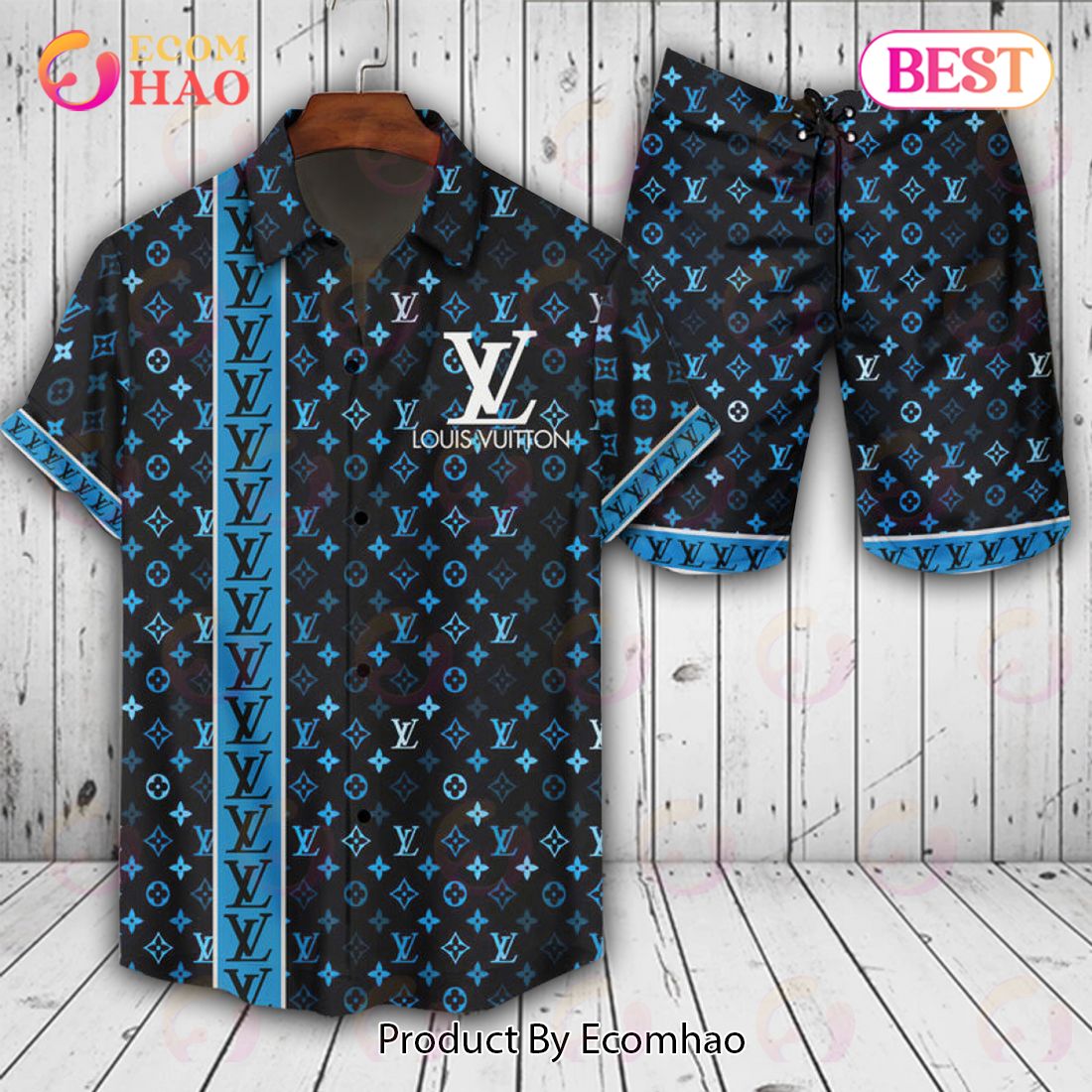 Louis Vuitton Logo Pattern Blue Black LV Hawaiian Shirt And Shorts Luxury Items