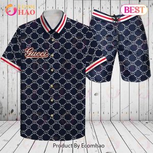 Gucci Logo Pattern Dark Blue GC Hawaiian Shirt And Shorts