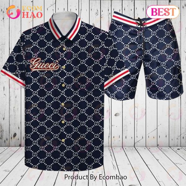 Gucci Logo Pattern Dark Blue GC Hawaiian Shirt And Shorts
