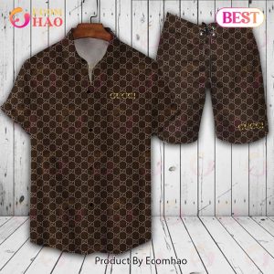 Gucci Logo Pattern Dark Brown Hawaiian Shirt And Shorts